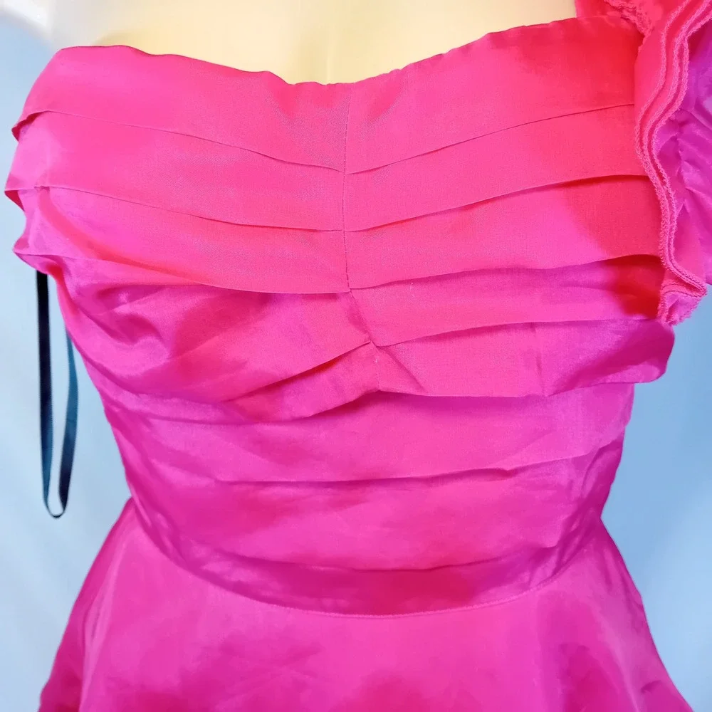 Vintage Y2K Bebe 100% Silk Mini Dress Hot Pink Ruffle One Shoulder Corset Back M - Picture 7 of 16